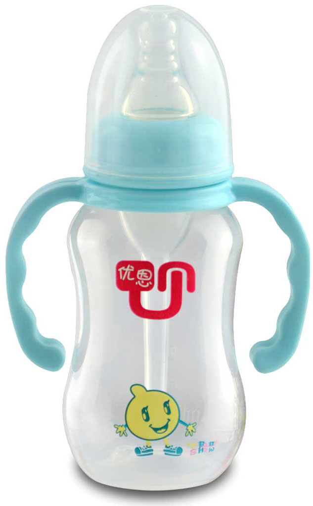 優(yōu)恩淺綠色標(biāo)口帶手柄防脹氣PP奶瓶180ml