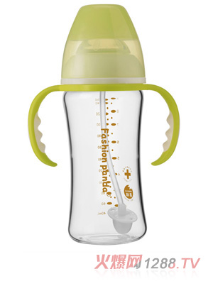 彩色熊貓寬口晶鉆防爆直身自動(dòng)吸管奶瓶250ML