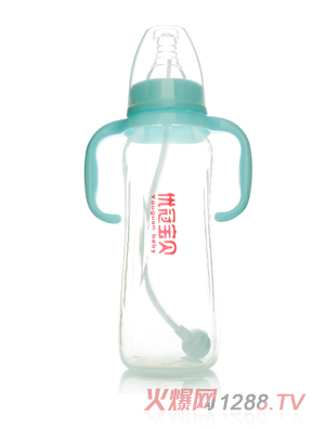 優(yōu)冠寶貝標(biāo)口帶柄自動PP奶瓶300ml藍色