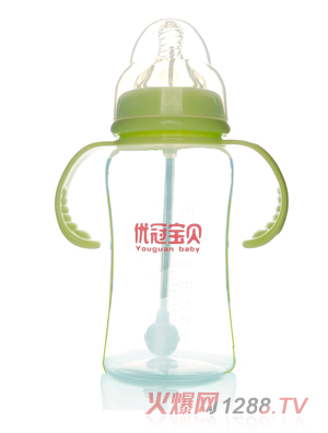 優(yōu)冠寶貝寬口帶柄自動PP奶瓶300ml綠色